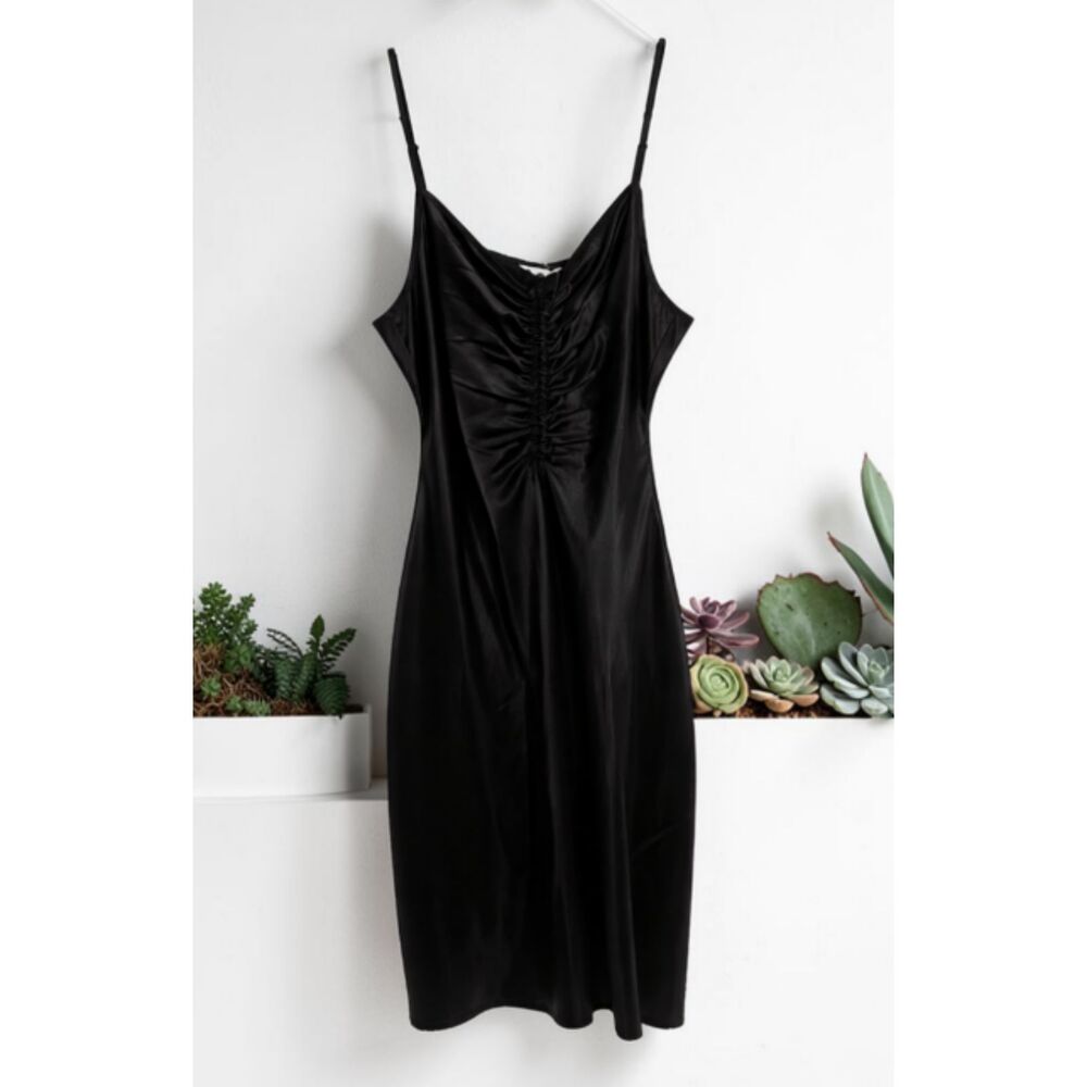 A New Day Satin Black Midi Slip Dress with Spaghetti Straps